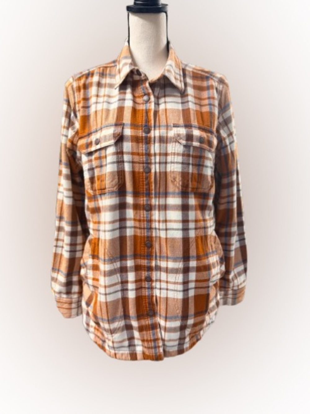 Duluth Trading Women’s Medium Plaid Flannel Shirt Jacket Shacket Lined Rust